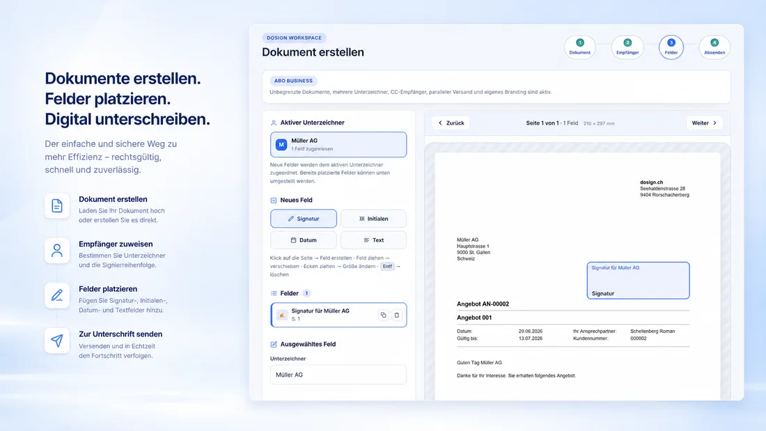 DoSign Workspace zum Online-Signieren von Offerten mit PDF-Signaturfeldern